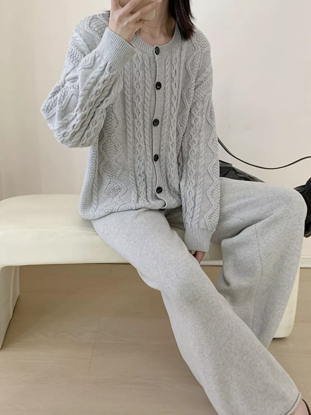 Cable Knit Cardigan & Wide Leg Pants Sweater Set, image 7
