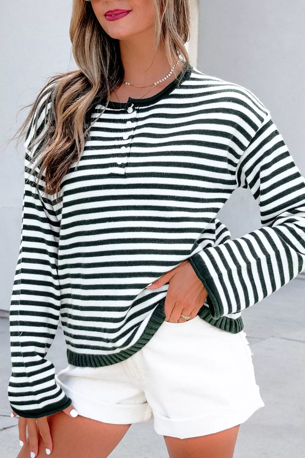 Striped Button Placket Drop Shoulder Long Sleeve Sweater, image 13