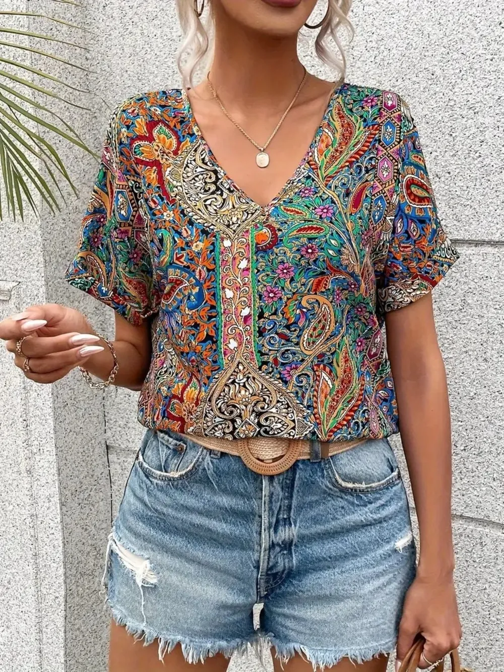 Bohemian Paisley Print V-Neck Short Sleeve T-Shirt, image 4
