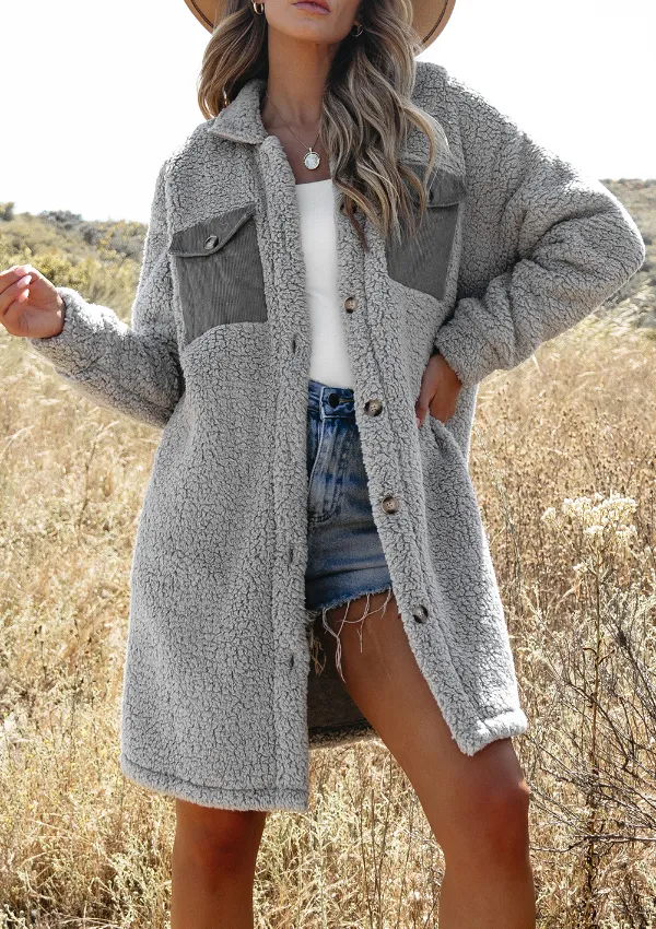 Collared Neck Long Sleeve Longline Teddy Jacket, image 28