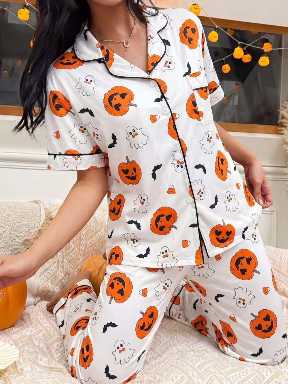 Halloween Pumpkin Print Button-Down Top and Pants Set, image 3