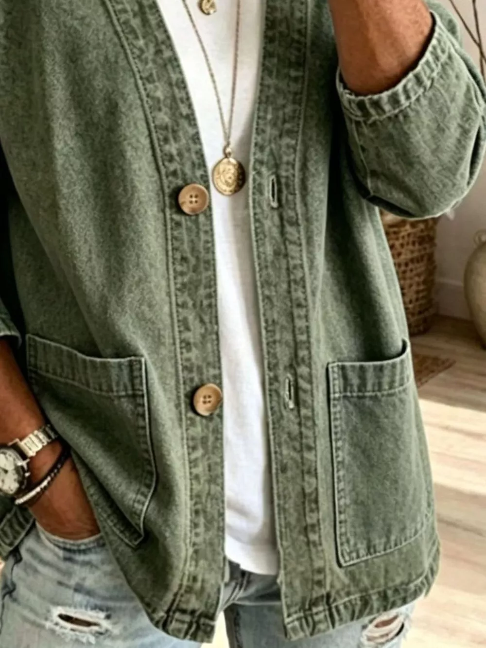 V-Neck Button-Down Denim Jacket, image 8