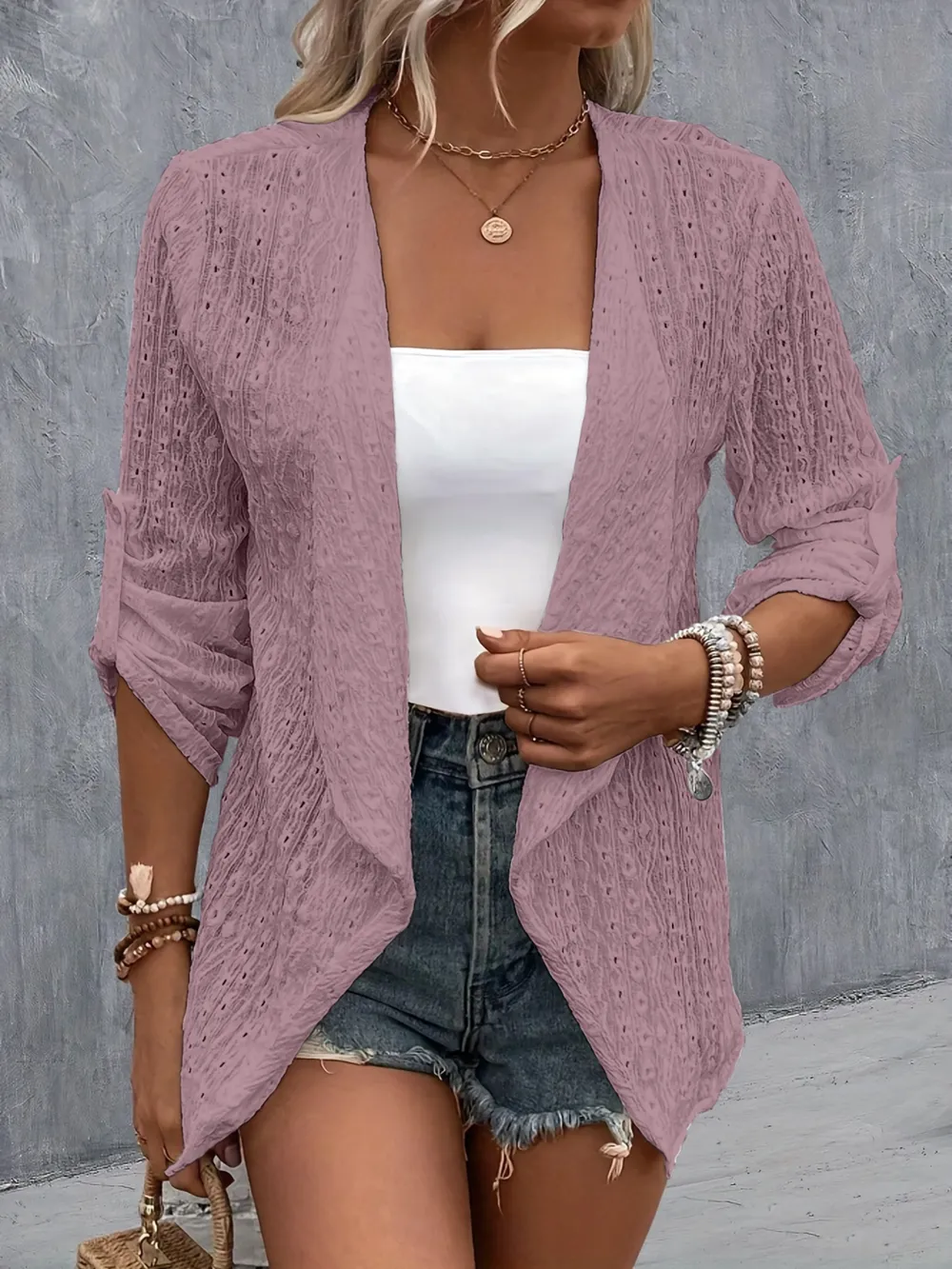 Eyelet Roll-Tab Sleeve Cardigan, image 14