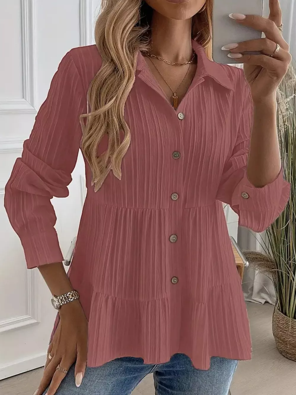 Button-Down Long Sleeve Tiered Shirt, image 25