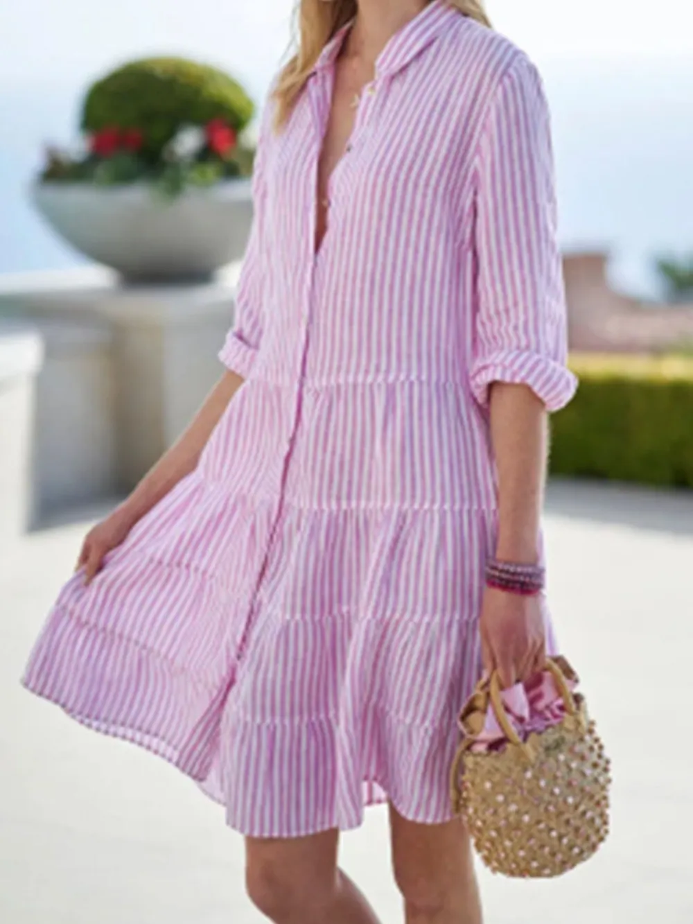 Full Size Striped Button-Down Shirt Dress with Tiered Ruffle Hem Plus Size, image 3