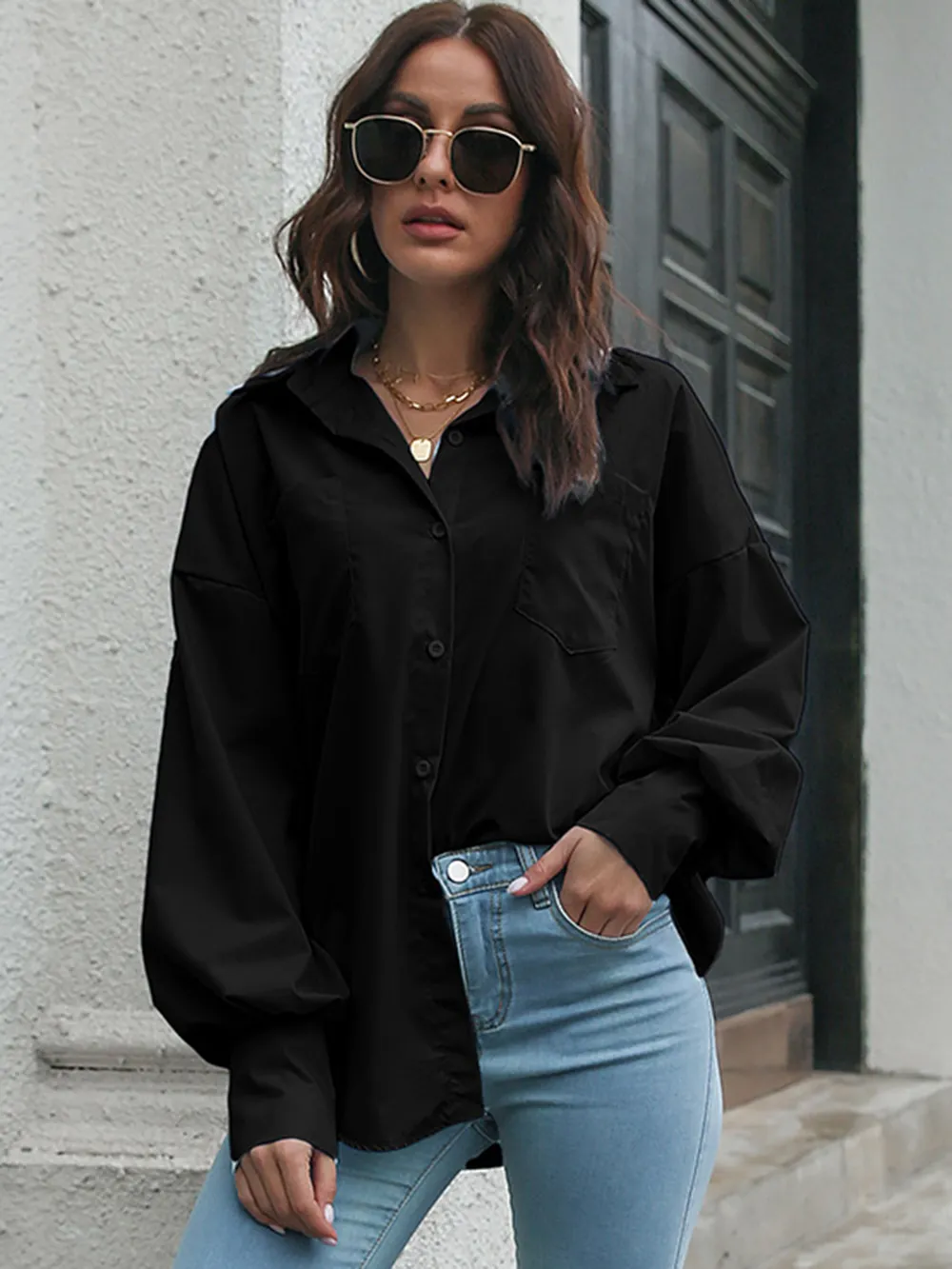 Button Up Dropped Shoulder Lantern Sleeve Shirt, image 13