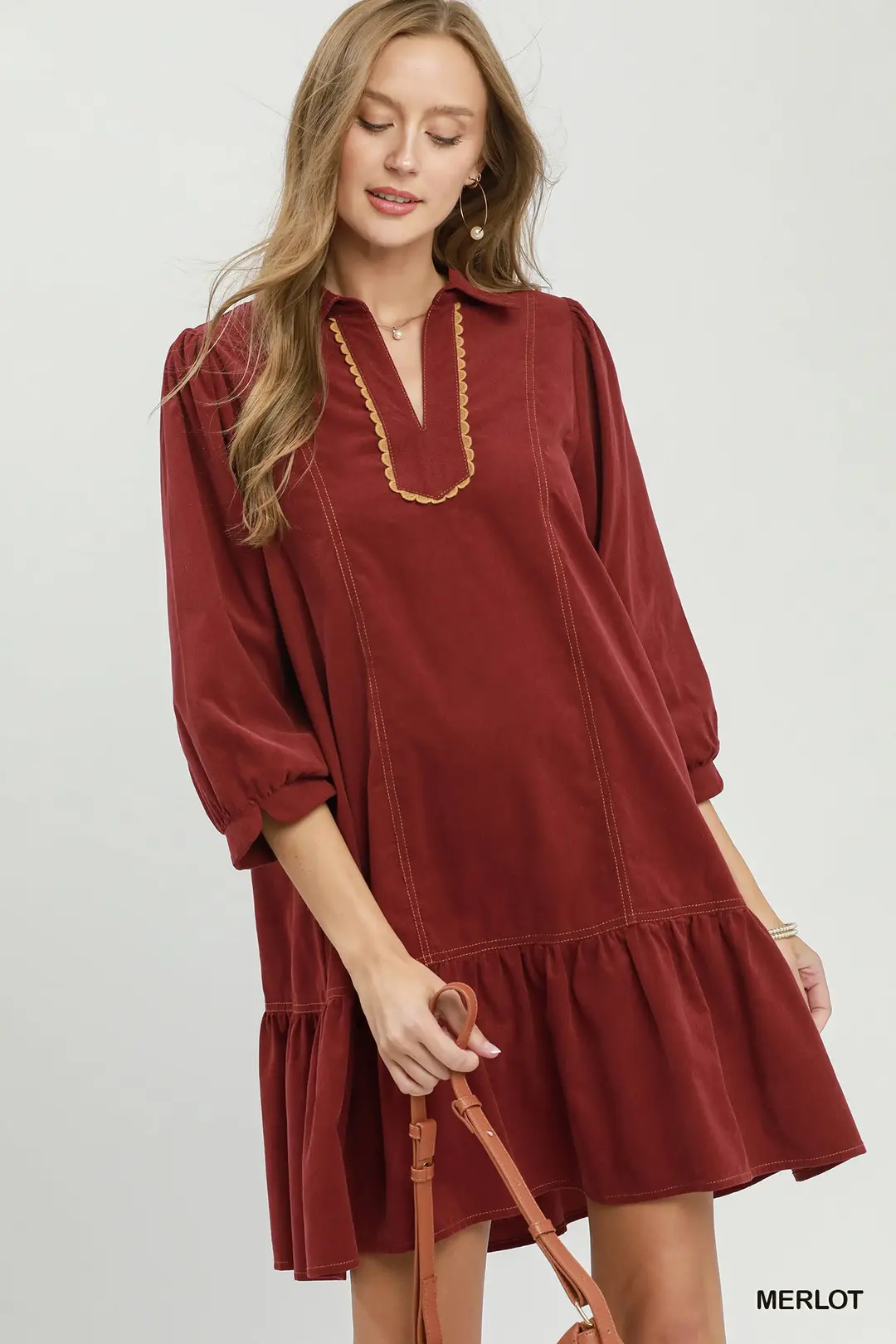 Corduroy Contrast Trim Tiered Babydoll Dress