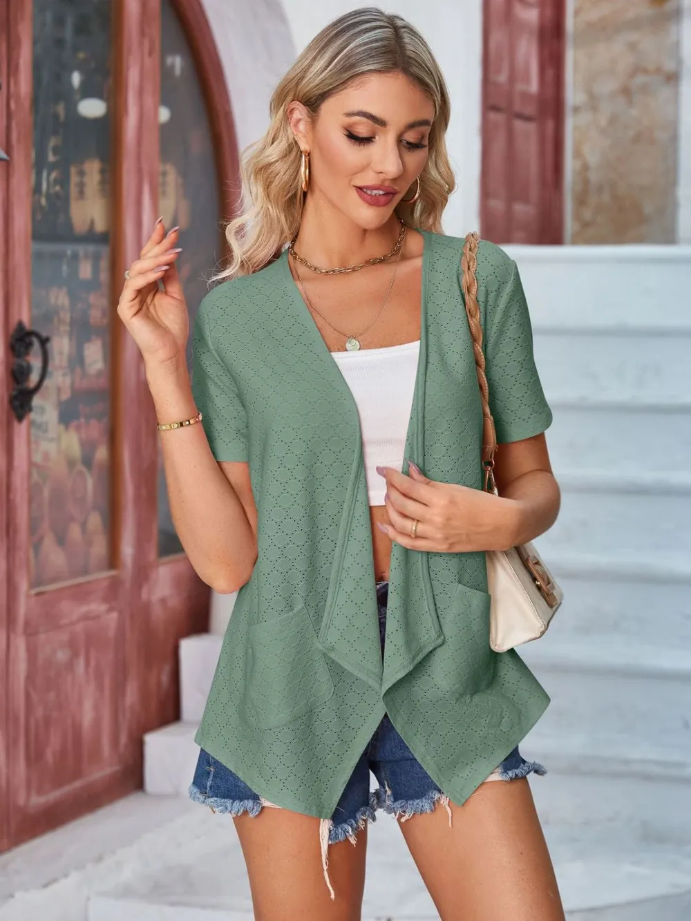 Eyelet Open Front Short Sleeve Cover Up, image 23