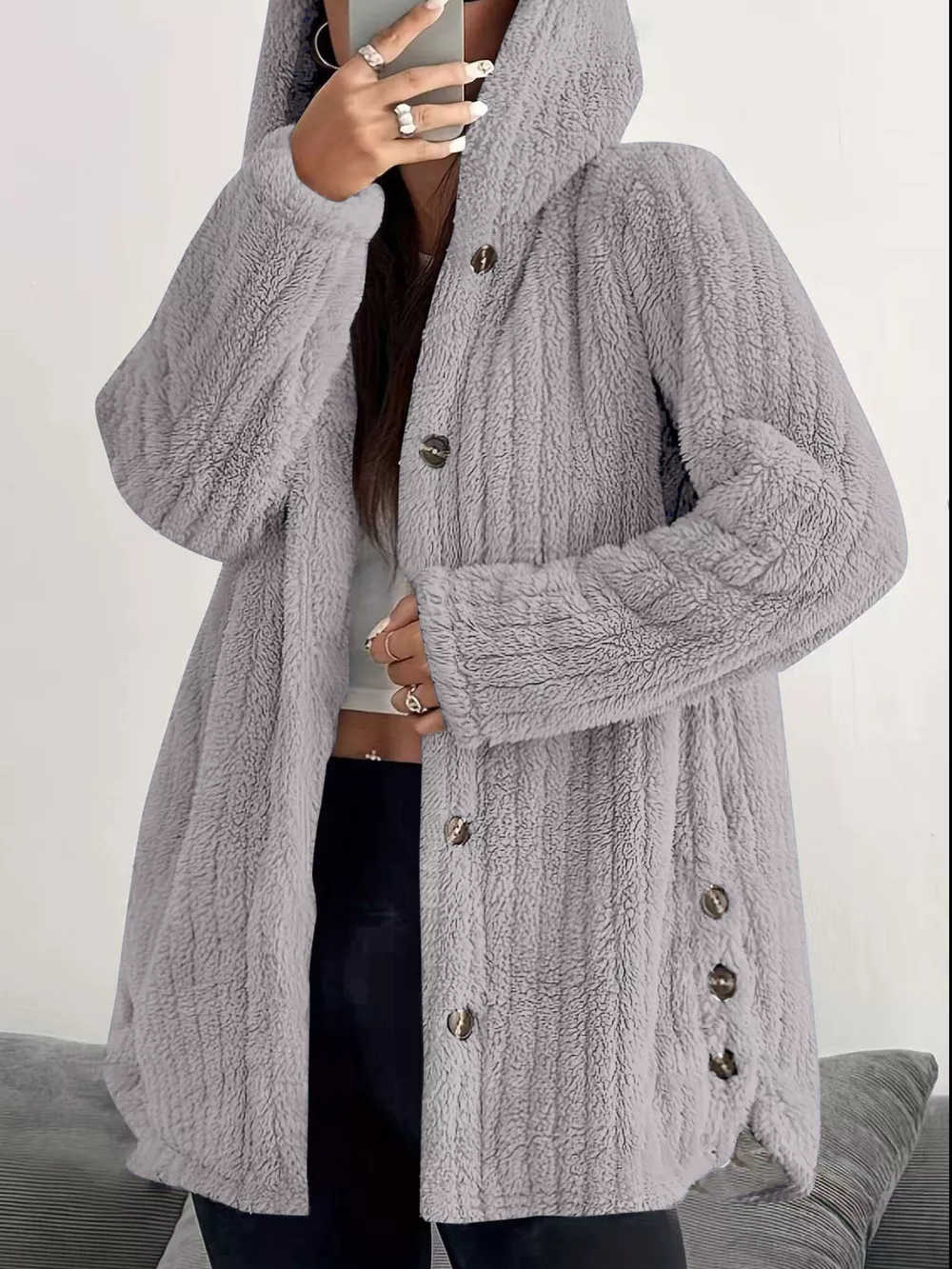 Full Size Fleece Button Up Hooded Outerwear Plus Size, image 26