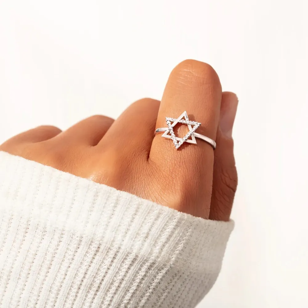 925 Sterling Silver Inlaid Zircon Hexagram Ring, image 4