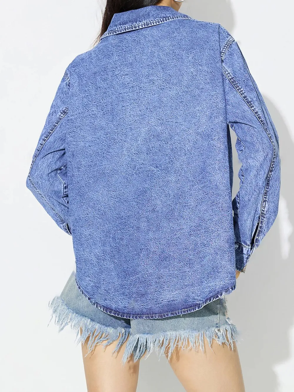 Curved Hem Collared Neck Denim Top, image 2