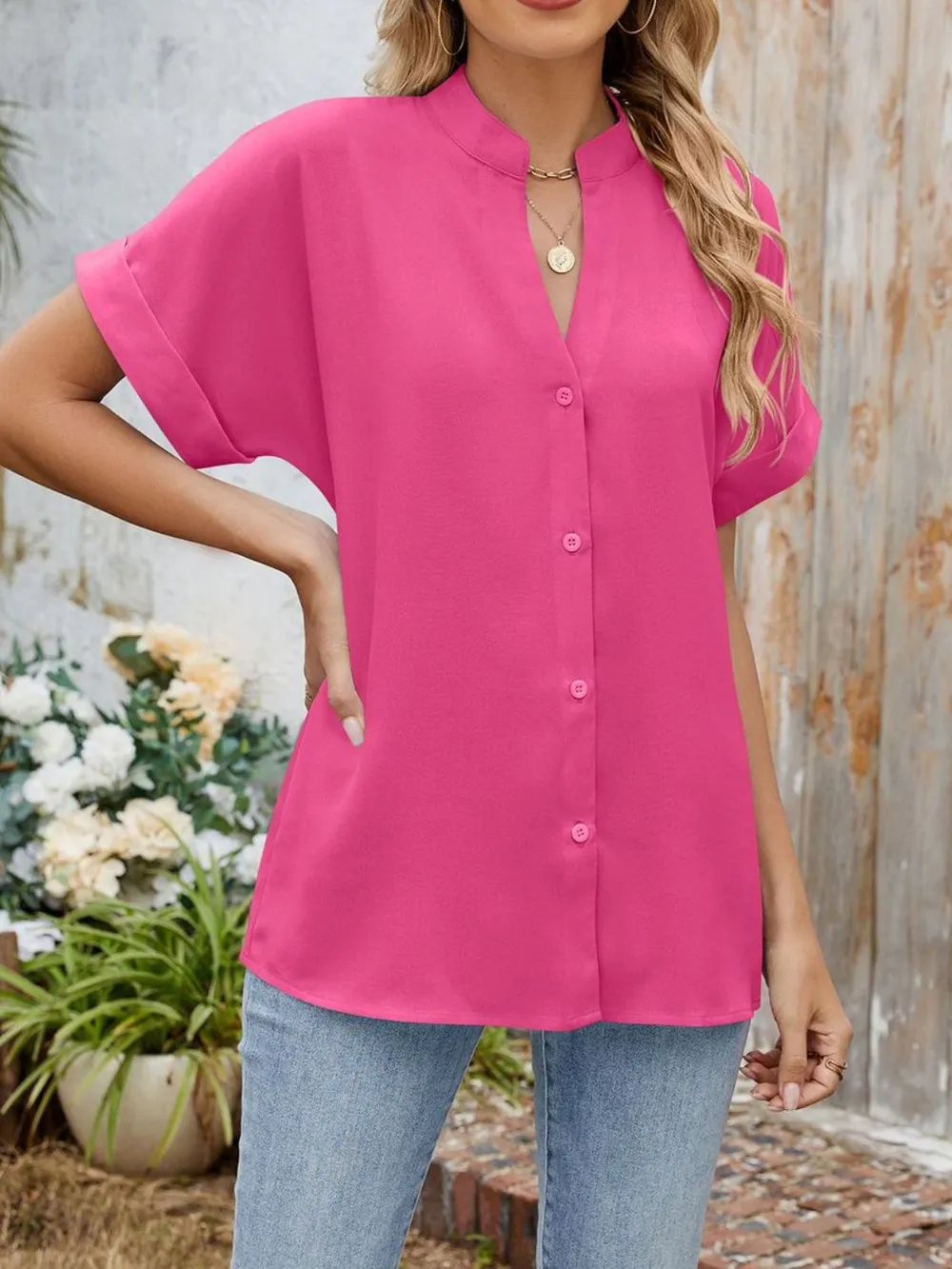 Notched Short Sleeve Blouse, image 18