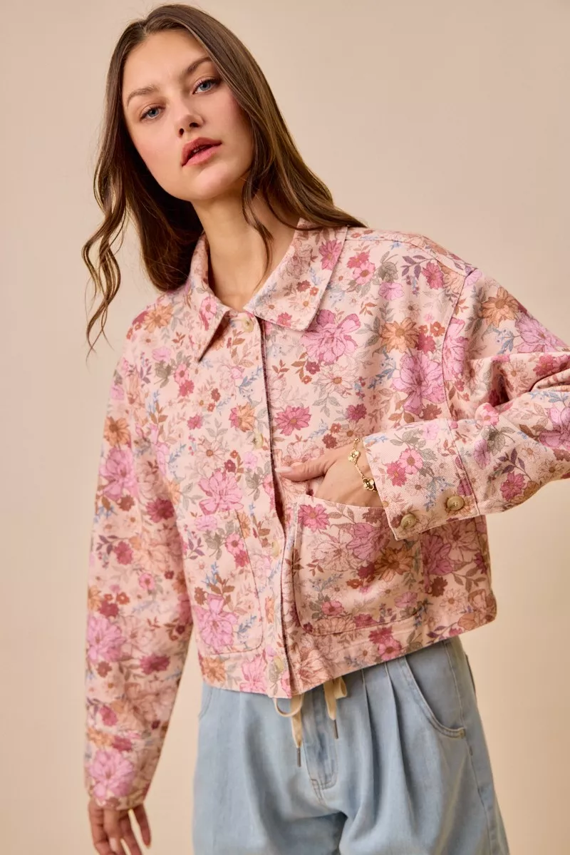 Floral Print Cotton Twill Button Down Barn Jacket