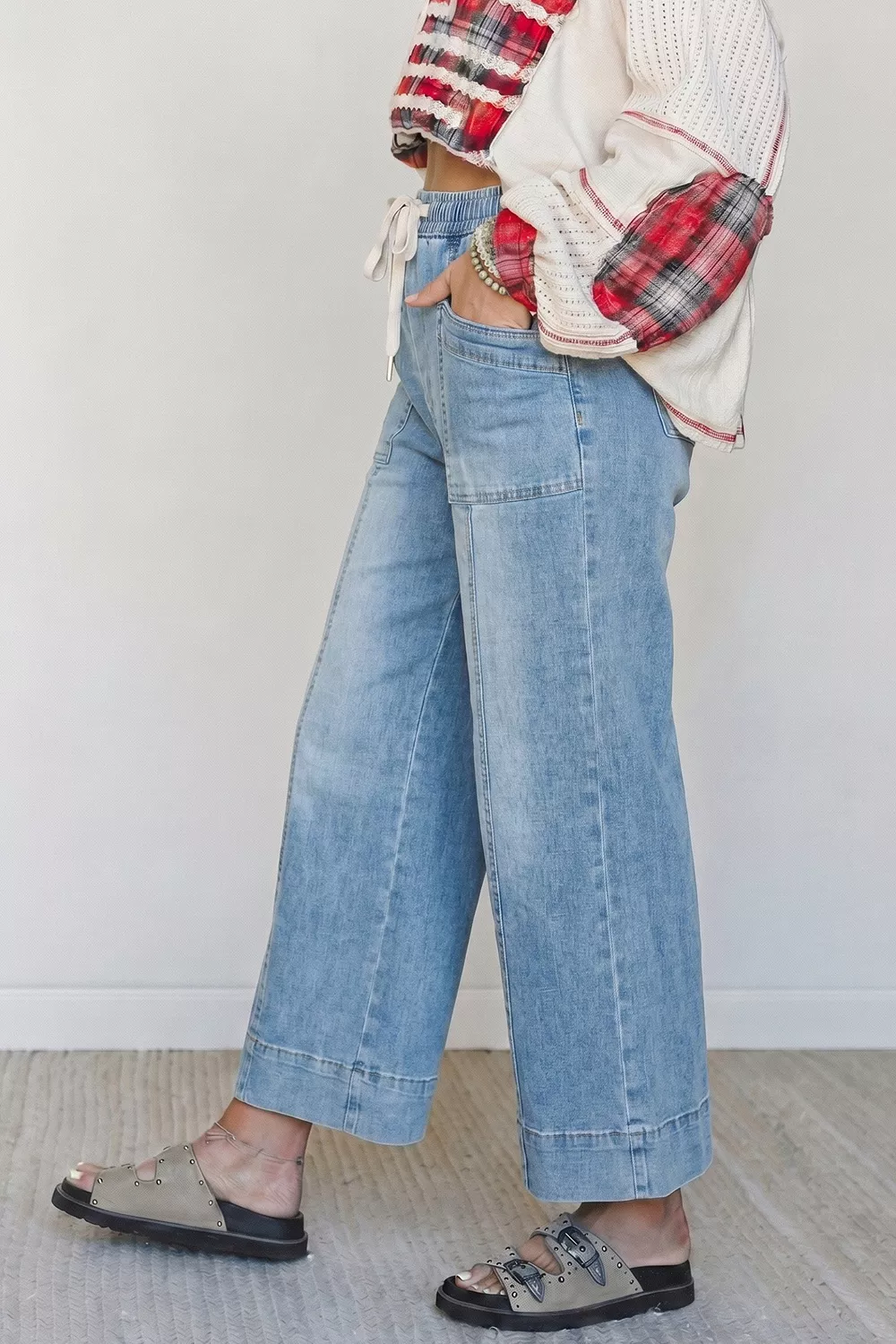 Drawstring Waist Wide Leg Ankle Length Jeans, image 4