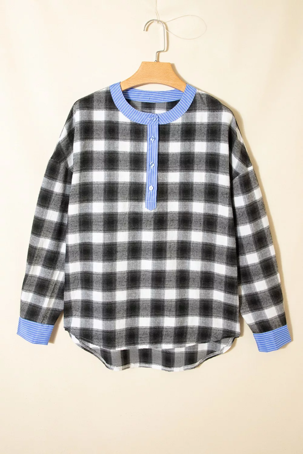 Contrast Striped Edge Half Placket Plaid Blouse, image 4