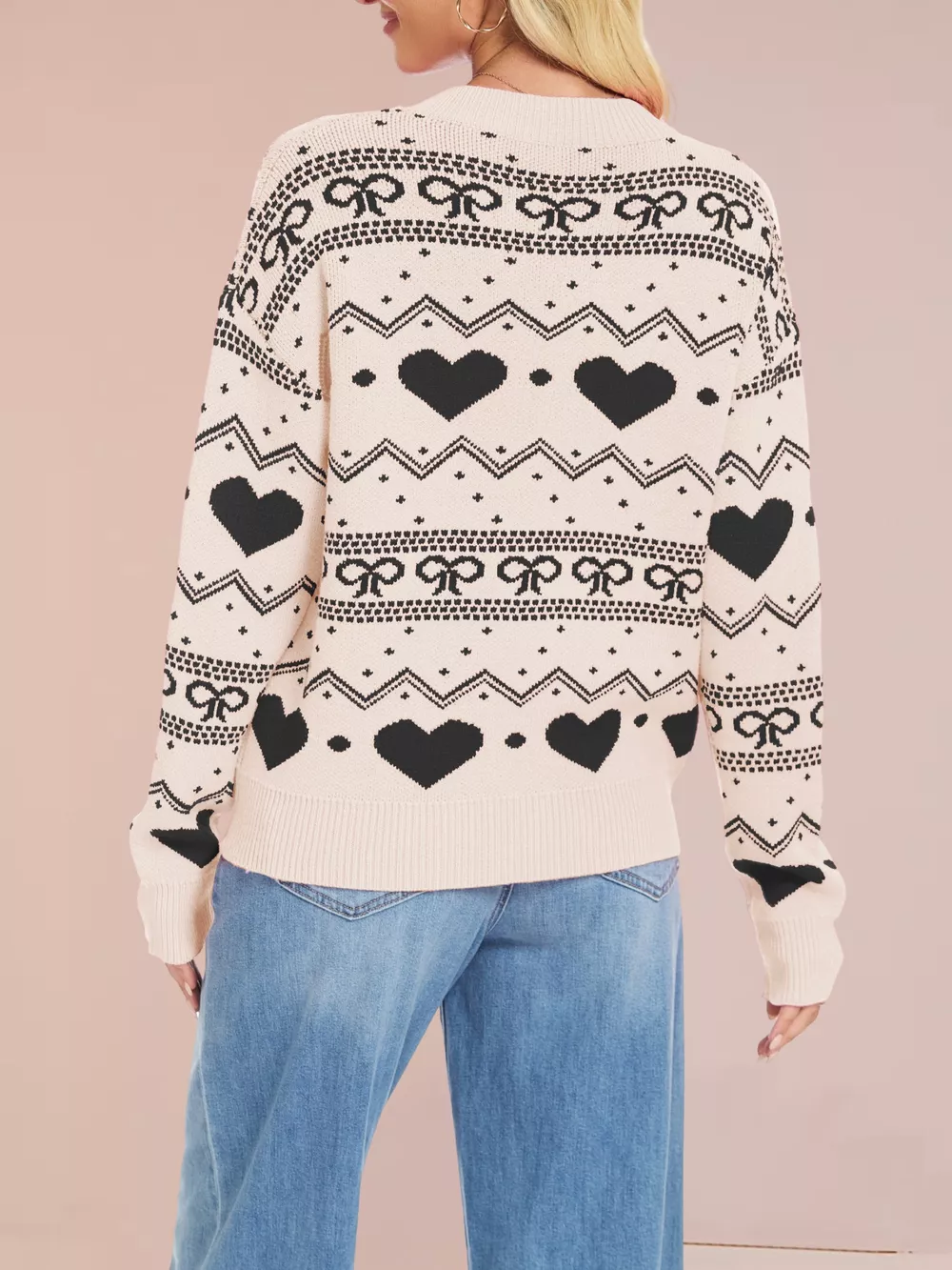 Heart & Bow Pattern Round Neck Sweater, image 16