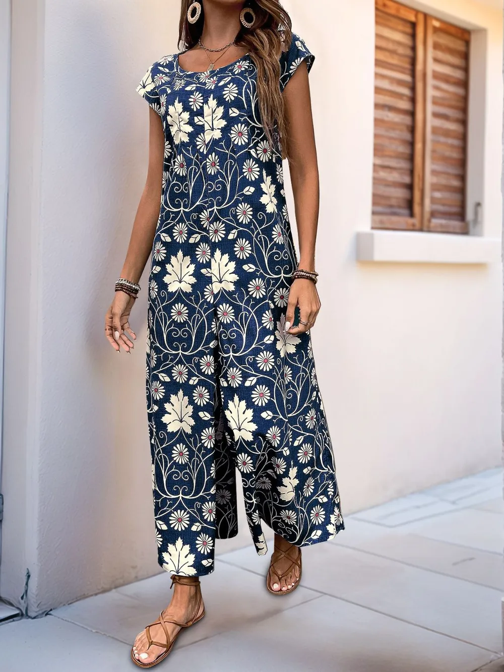 Printed Round Neck Cap Sleeve Wide Leg Jumpsuit, image 15