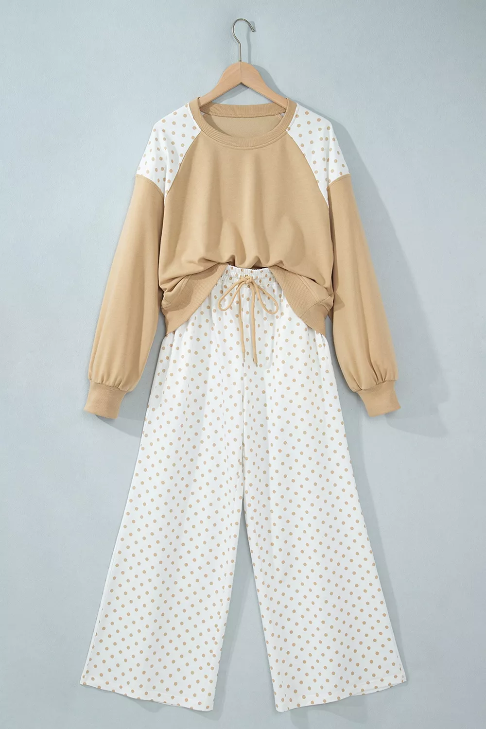 Polka Dot Patchwork Colorblock Long Sleeve Casual Two Piece Pants Set, image 4