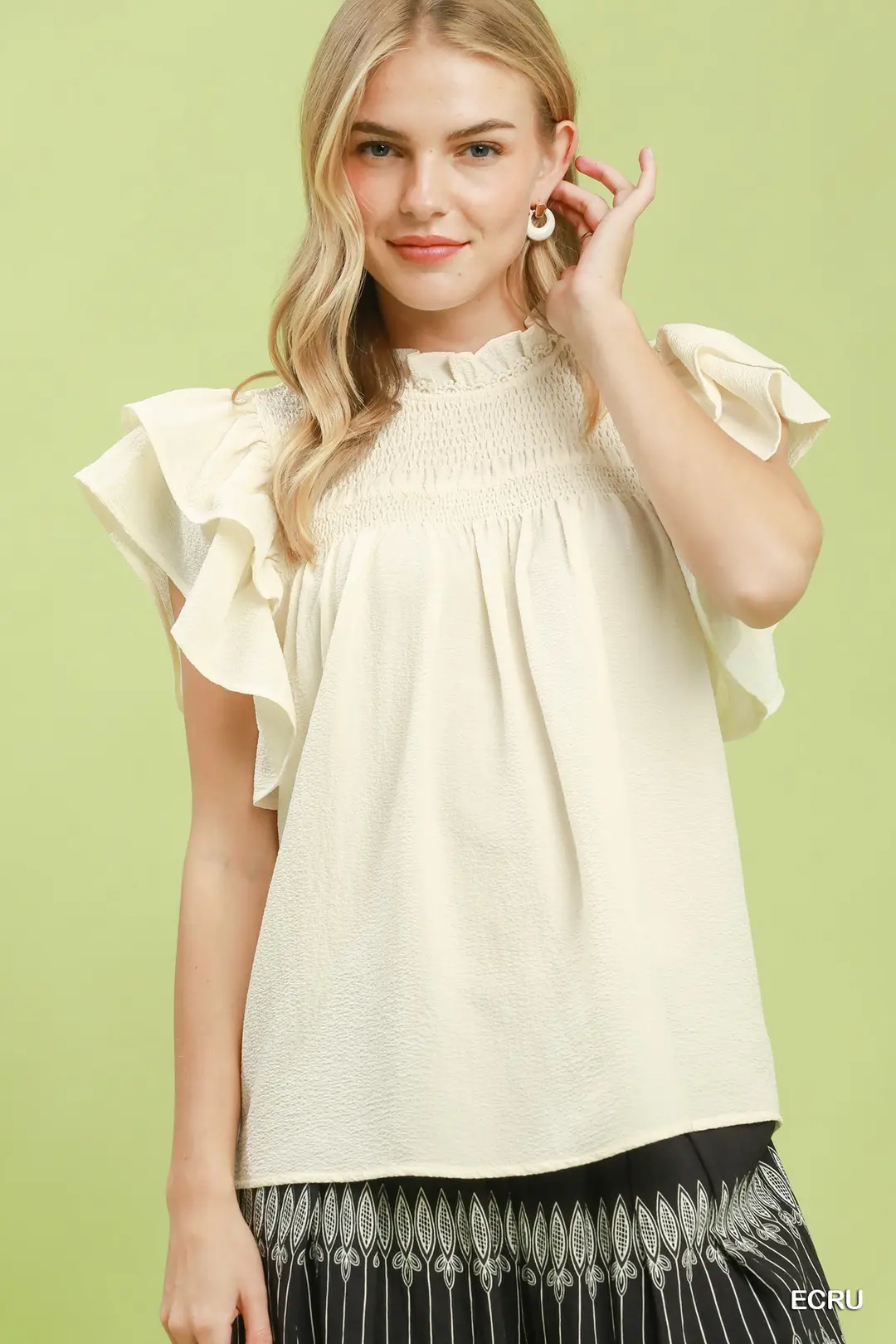 Smocked Ruffle Sleeve Textured Top