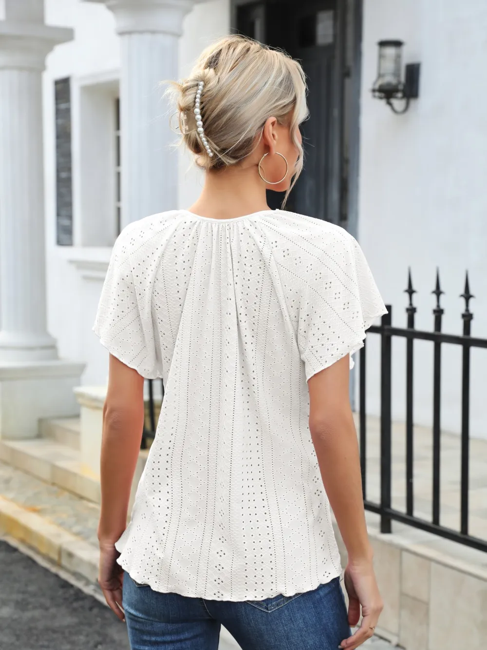 Eyelet Tie Neck Flutter Sleeve Blouse, image 8
