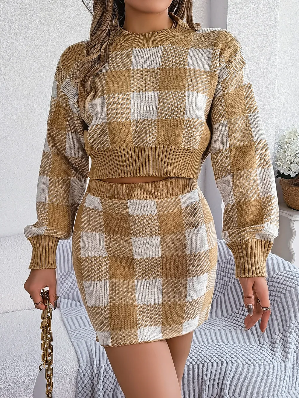 Plaid Round Neck Top and Skirt Sweater Set, image 3