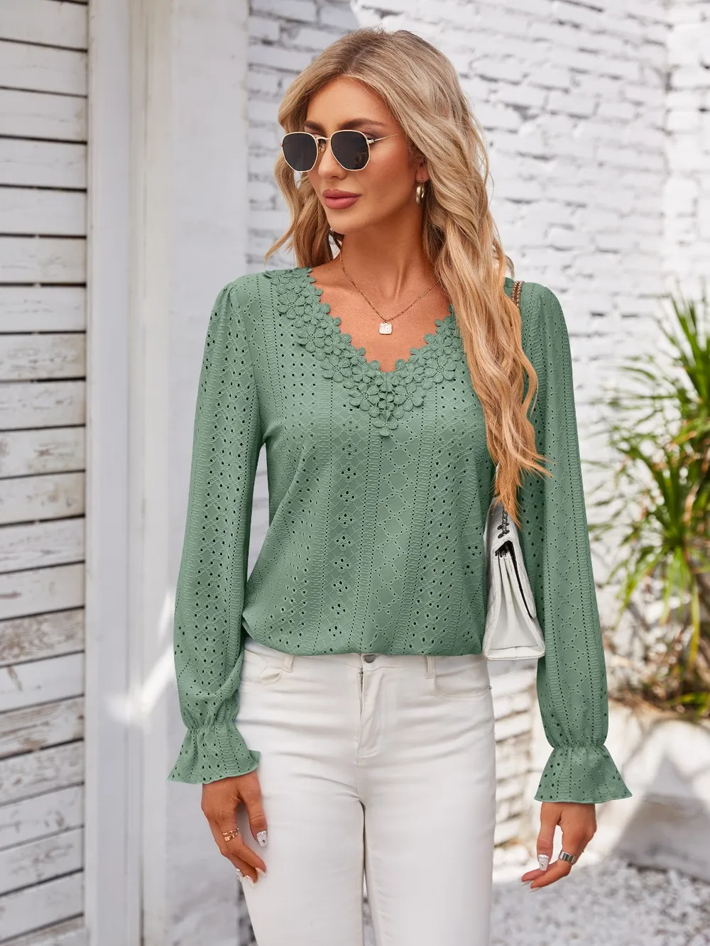 Applique V-Neck Flounce Sleeve T-Shirt, image 23