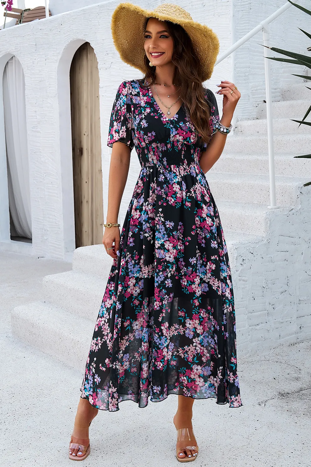 Smocked Floral V-Neck Short Sleeve Dress, image 13