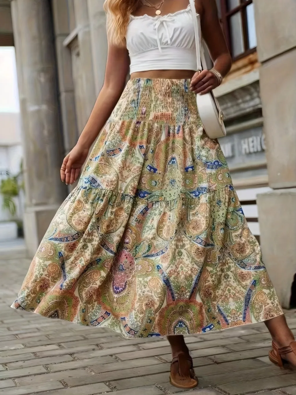 Smocked Printed High Waist Skirt, image 3