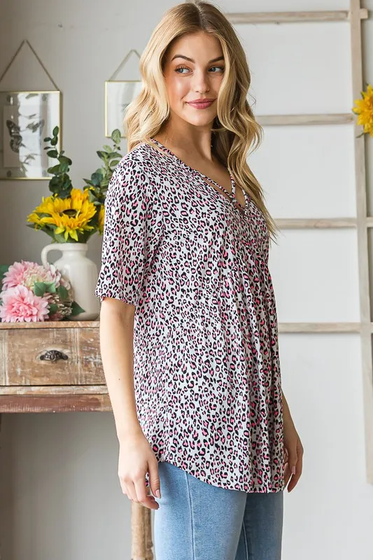 Full Size Short Sleeve Crisscross Animal Babydoll Top Plus Size, image 12