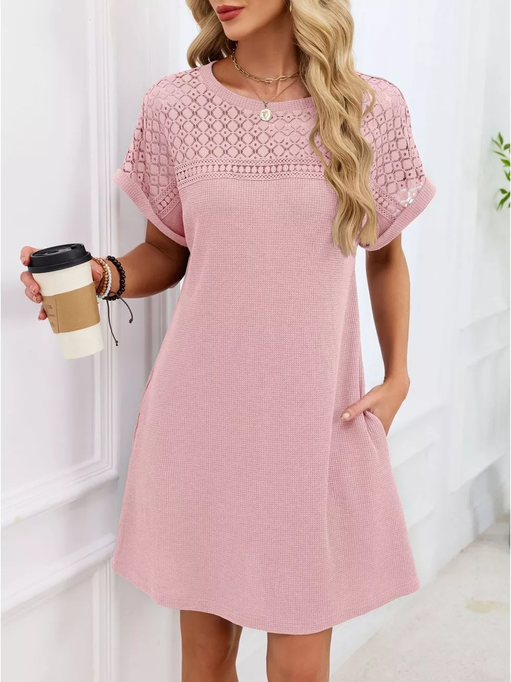 Lace Round Neck Short Sleeve T-Shirt Dress, image 14