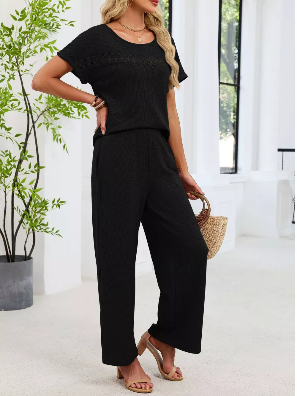 Lace Detail Short Sleeve Top and Pants Set, image 11