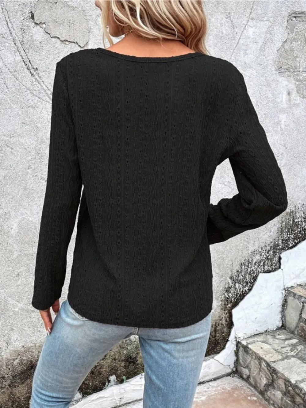 Openwork Half Button Long Sleeve Blouse, image 9