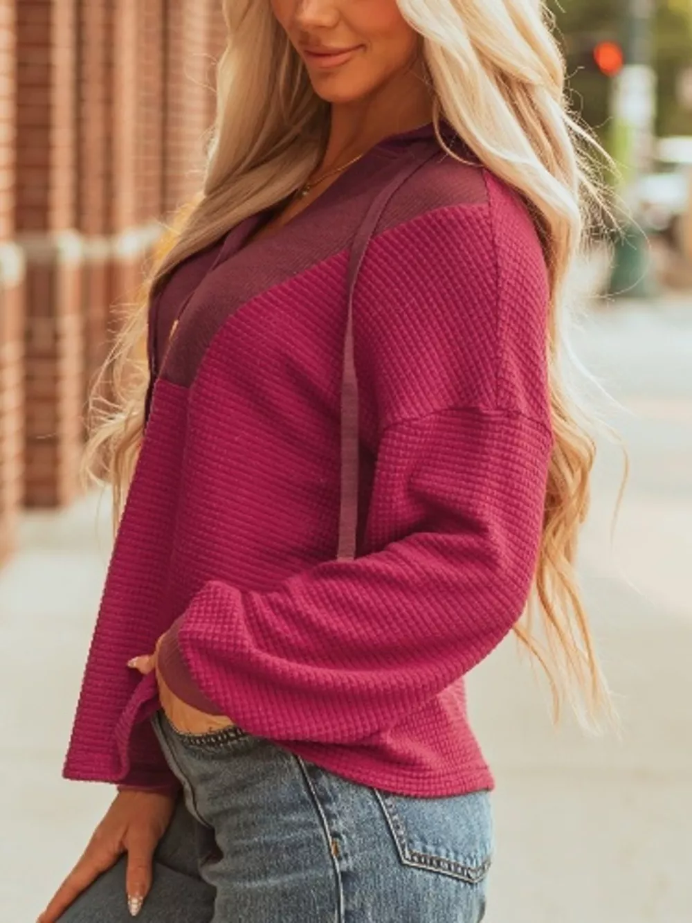 Waffle Knit Henley Sweatshirt with Button Detail, image 3