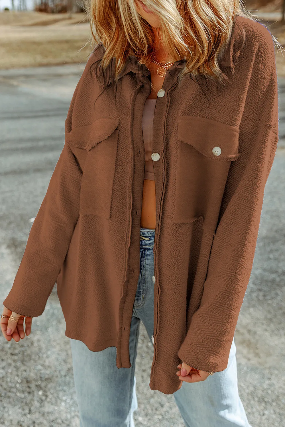 Pocketed Button Up Droppped Shoulder Jacket, image 2