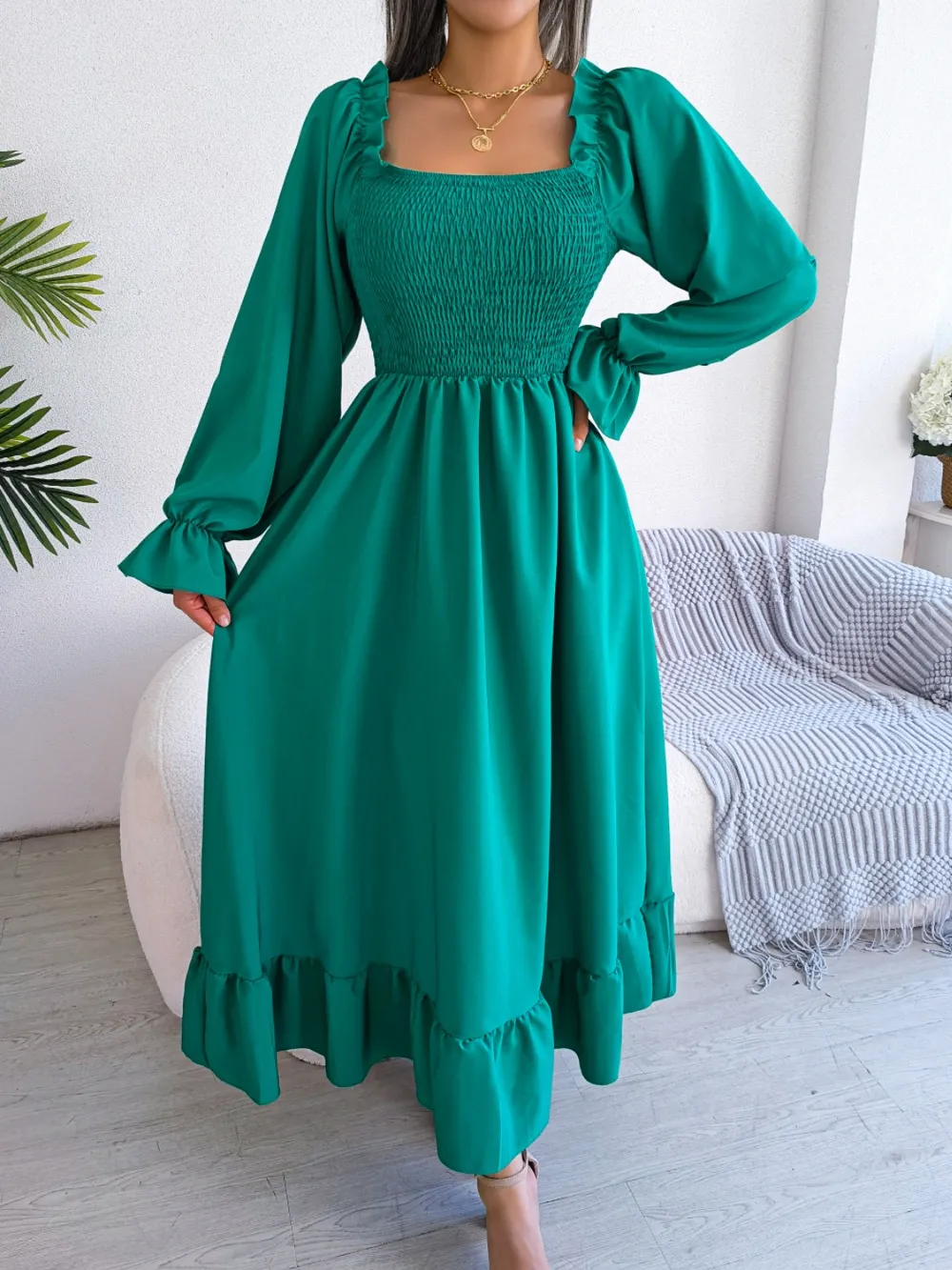 Smocked Square Neck Flounce Sleeve Dress, image 14