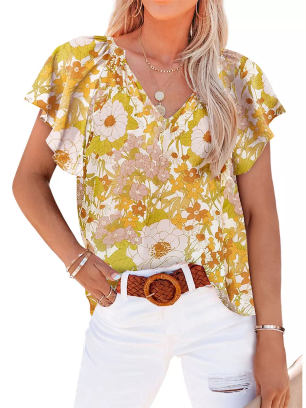 Full Size Floral Print Flutter Sleeve V-Neck Blouse Plus Size, image 12