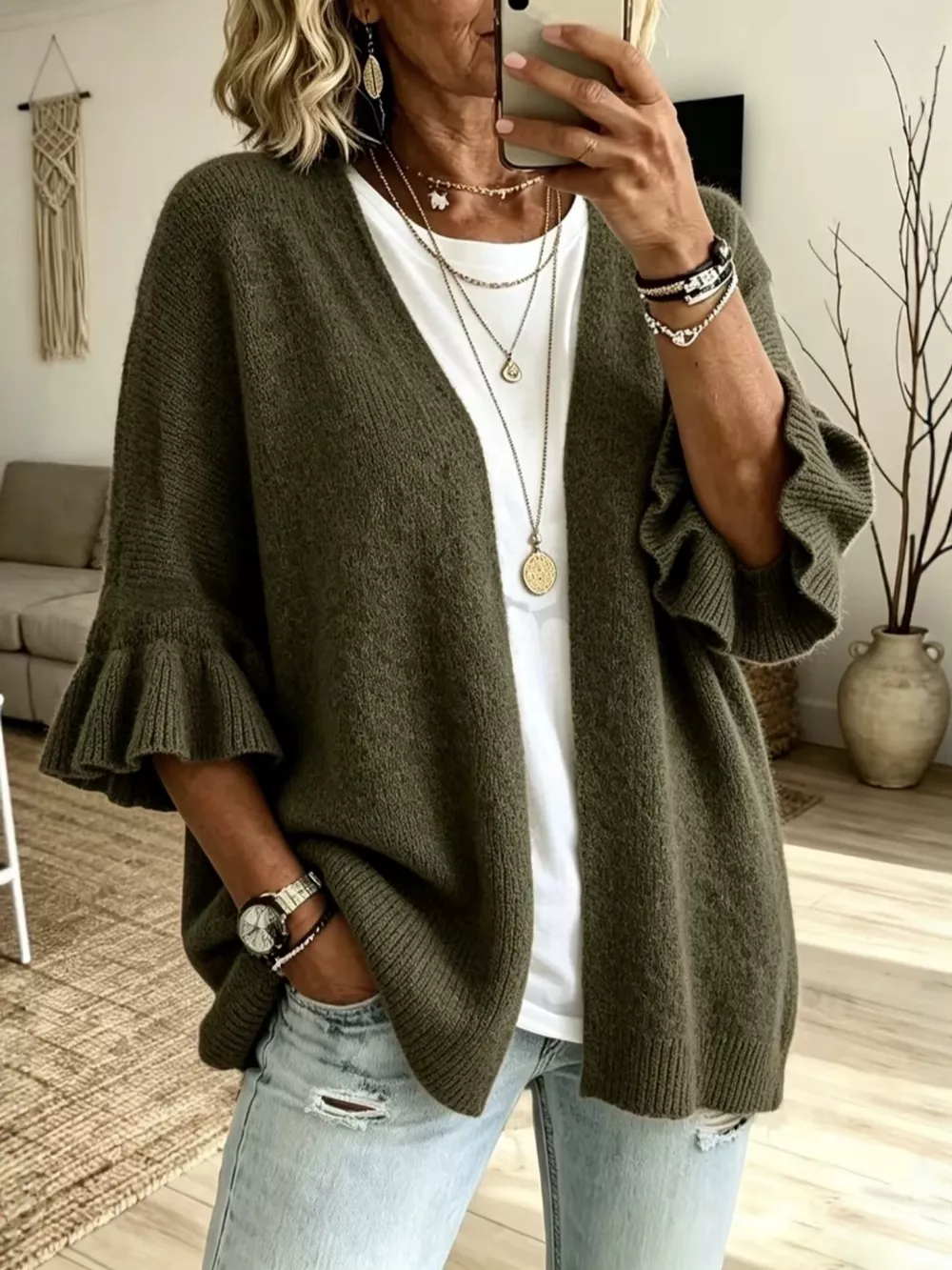 Full Size Ruffle Sleeve Open-Front Cardigan Plus Size, image 8