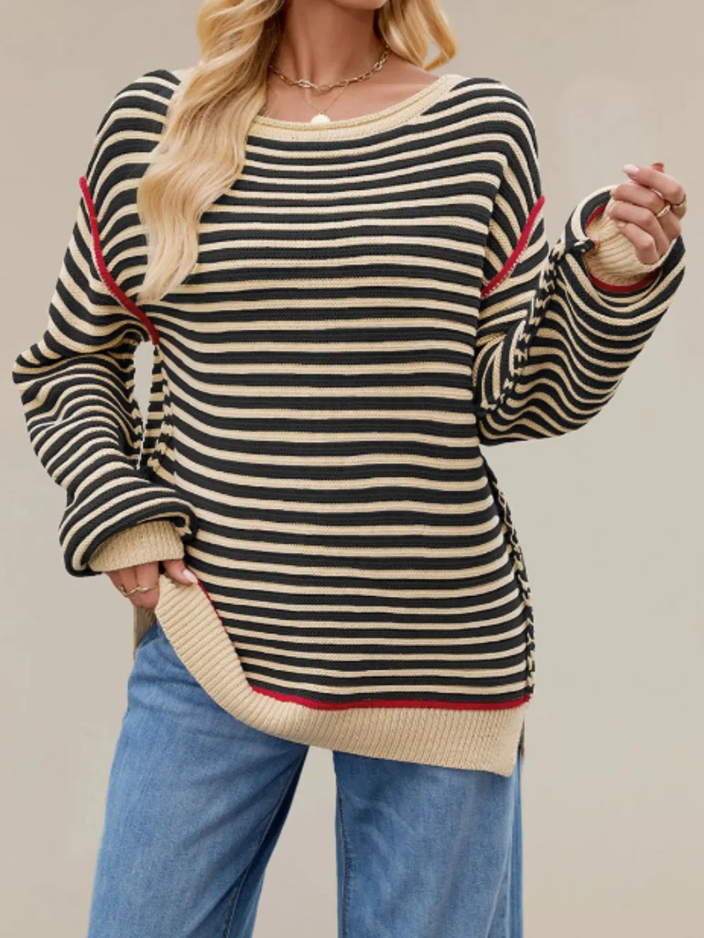 Slit Striped Oversized Sweater