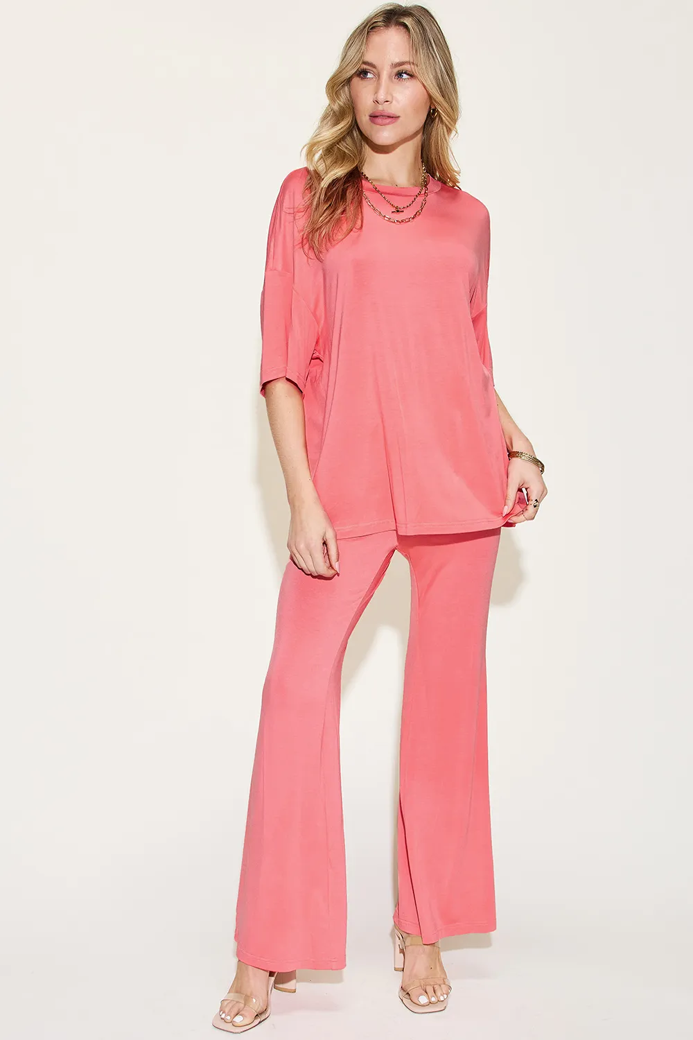 Full Size Bamboo Drop Shoulder T-Shirt and Flare Pants Set, image 11