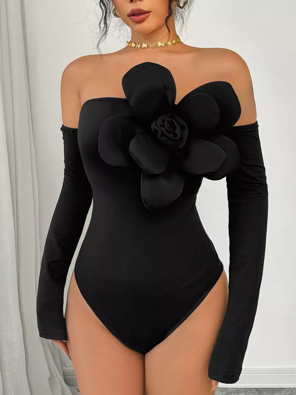 Flower Off-Shoulder Long Sleeve Bodysuit