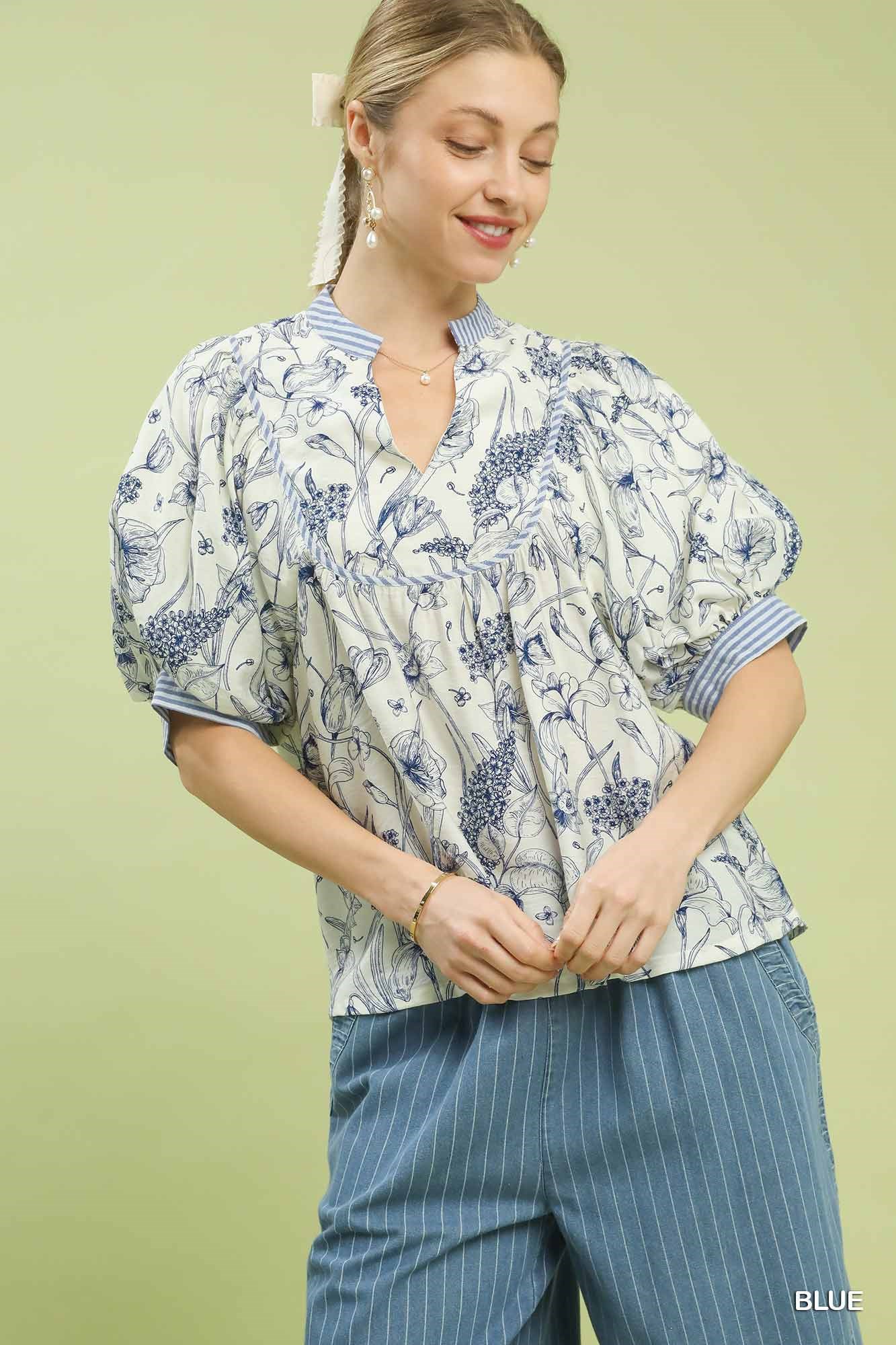 Mixed Print Puff Sleeve Split Neck Top