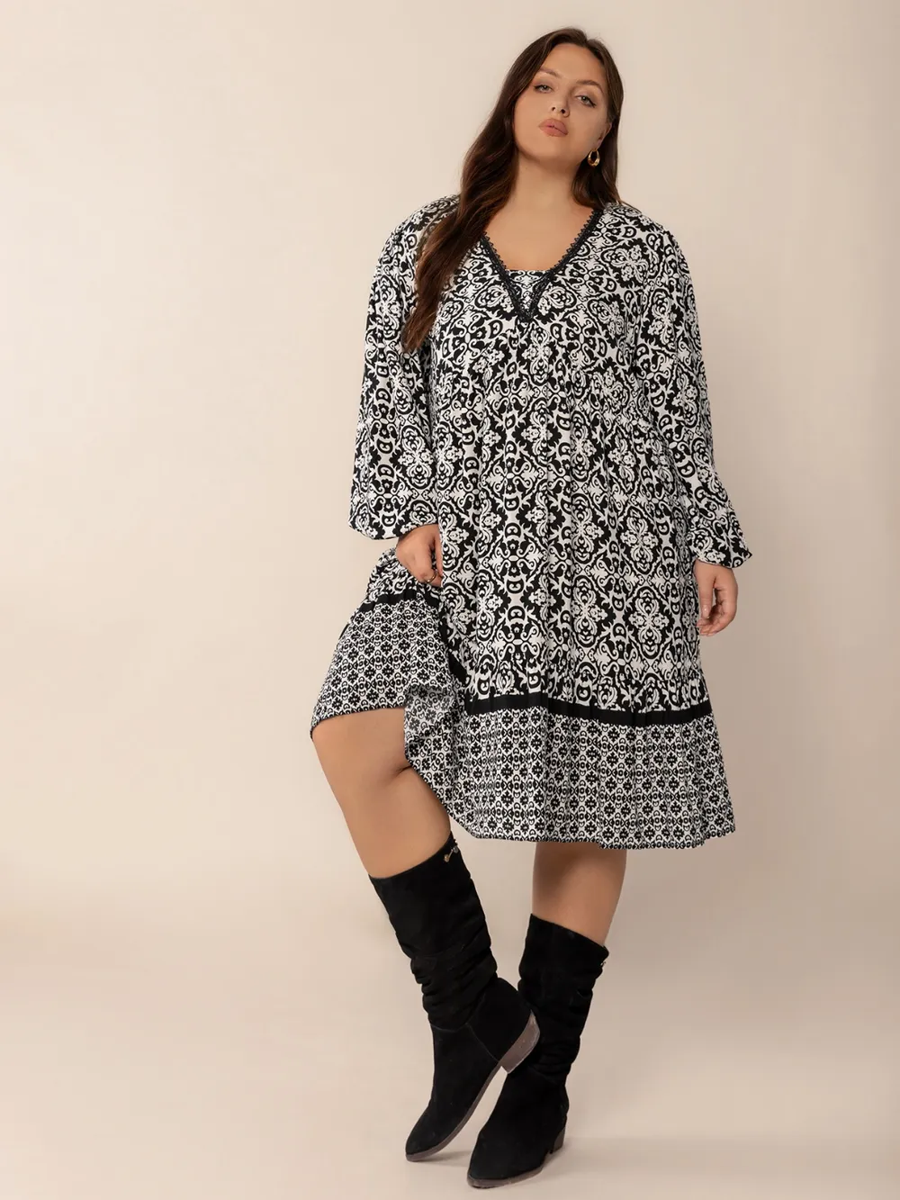 Plus Size Lace Detail Printed Balloon Sleeve Dress, image 6