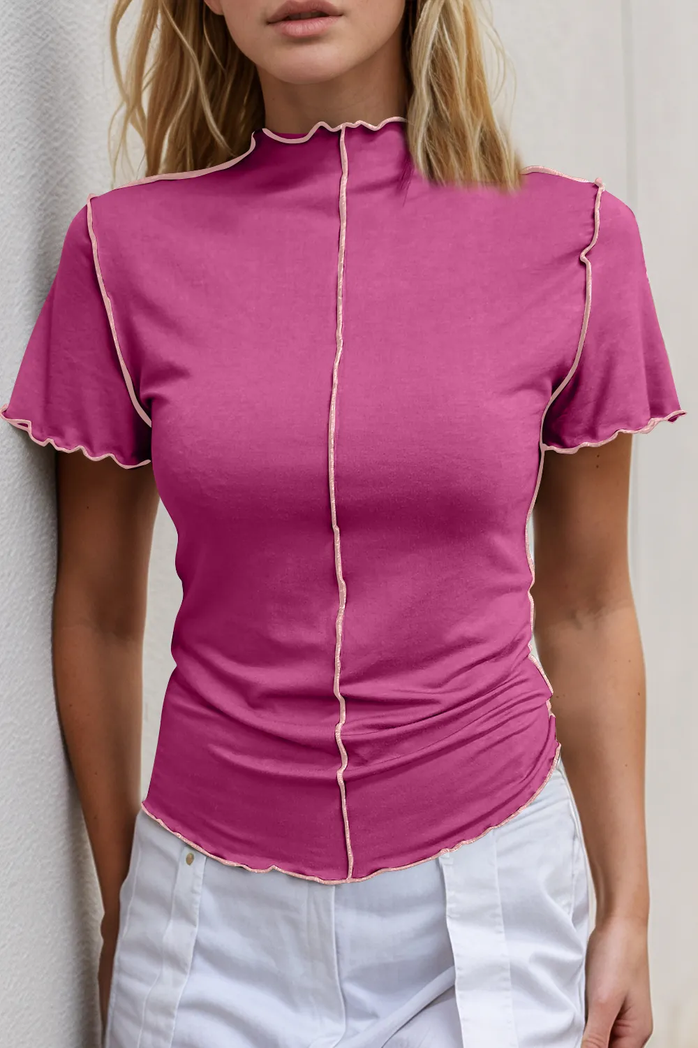 Contrast Trim Mock Neck Short Sleeve T-Shirt, image 12