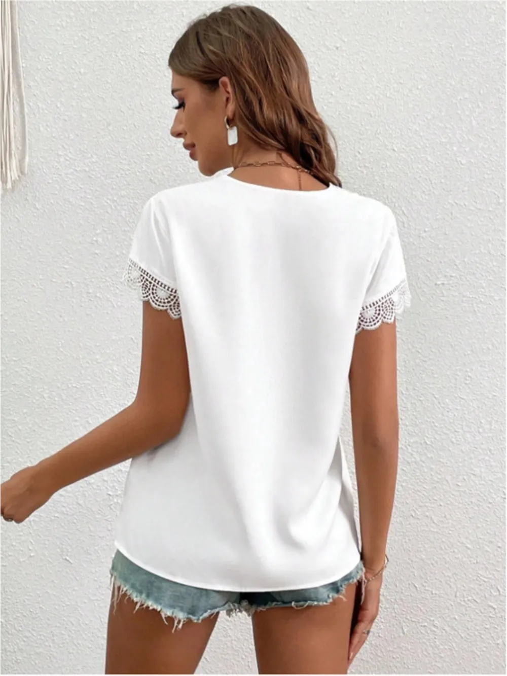 Lace Detail V-Neck Cap Sleeve Blouse, image 2