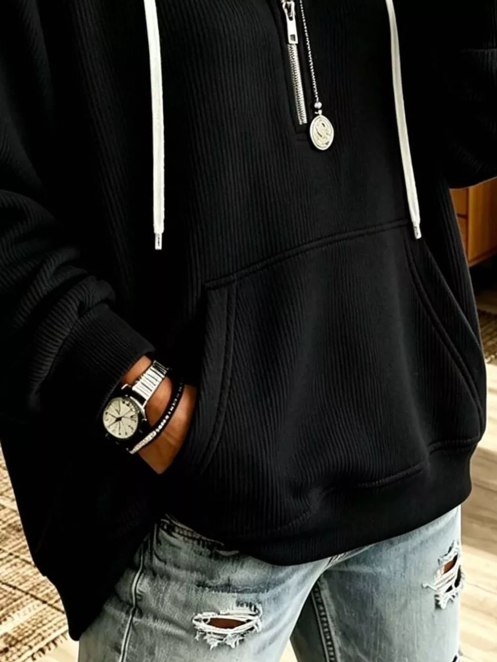 Ribbed Knit Quarter-Zip Hoodie with Kangaroo Pocket, image 9