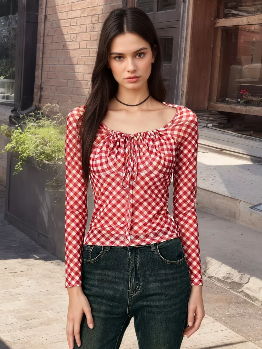 Gingham Tie Front Long Sleeve Blouse, image 2