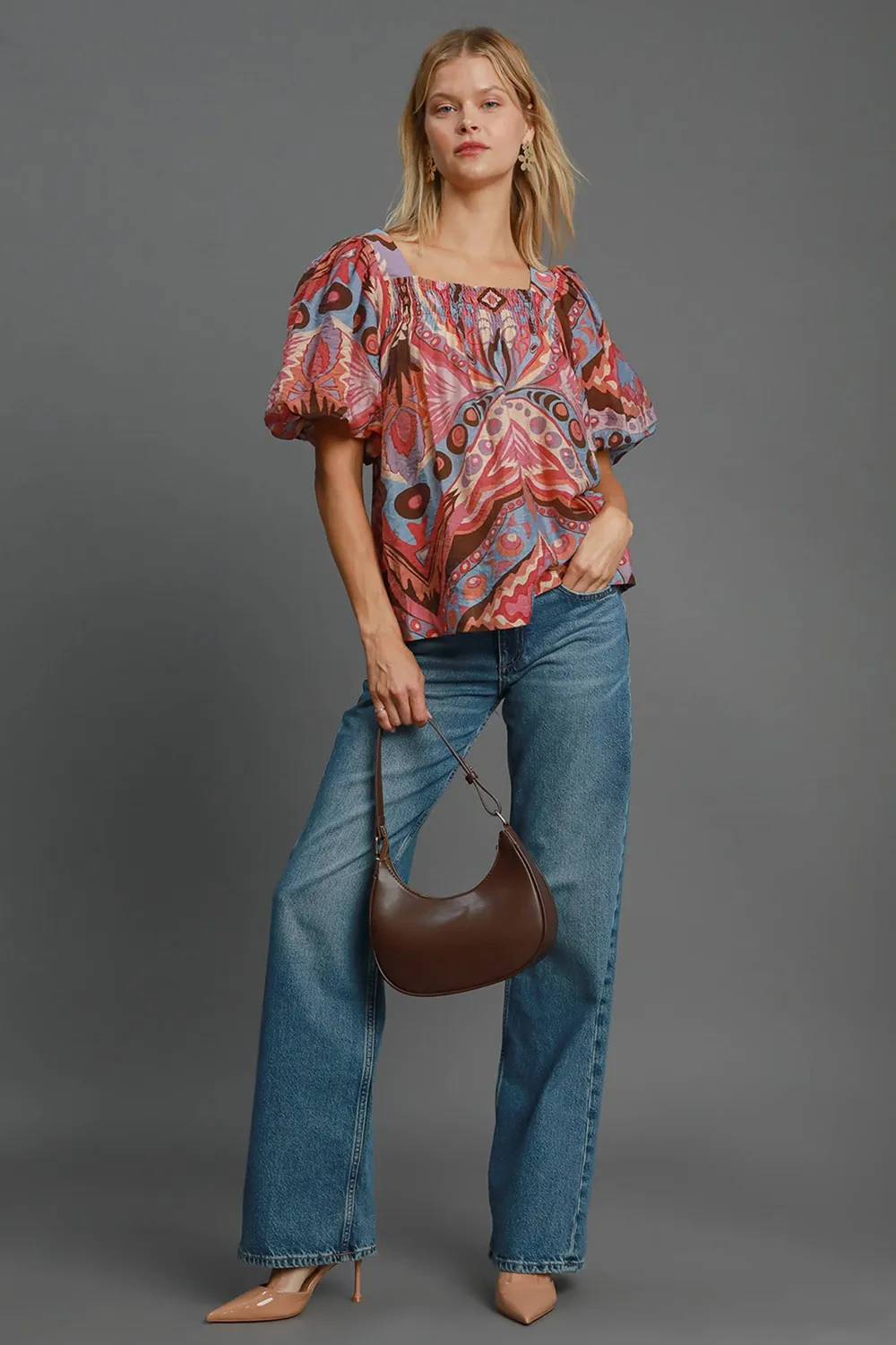 Full Size Abstract Print Smocked Square Neck Puff Sleeve Blouse, image 4