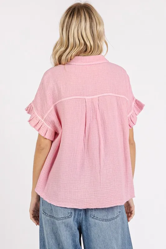Mineral Washed Button Down Flounce Sleeve Shirt, image 4
