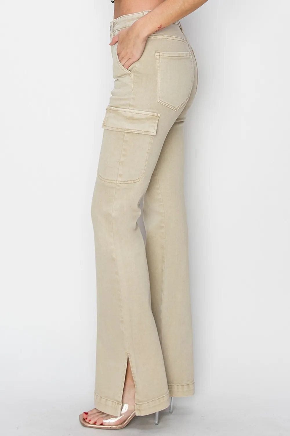 Full Size High Rise Side Slit Cargo Bootcut Jeans, image 3