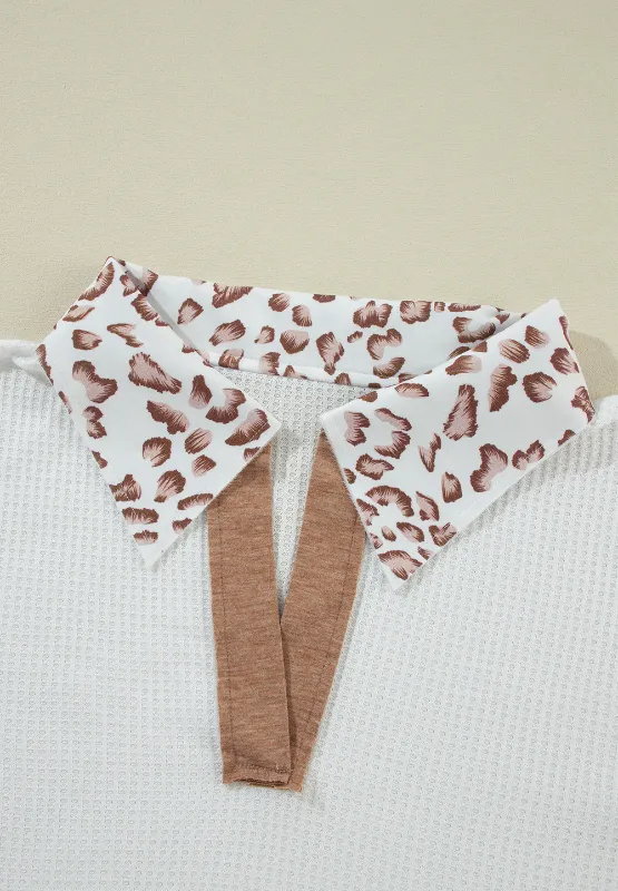 Waffle-Knit Leopard Johnny Collar Long Sleeve Top, image 7